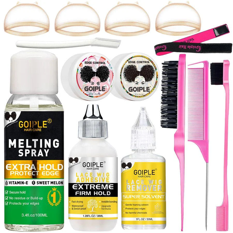 Lace Wig Install Kit with Melting Spray Lace Glue Remover Edge Control Wig Caps & Styling Tools for Beginners & Salon Use