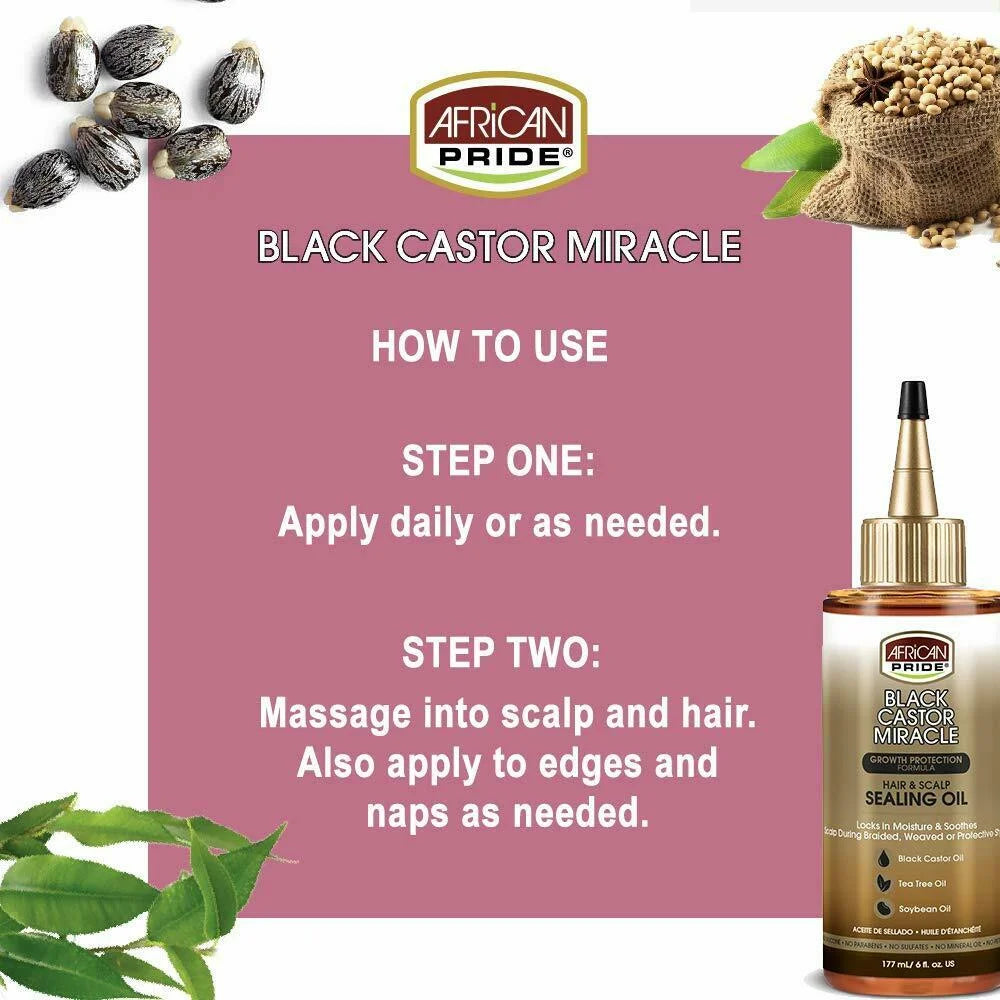 Black Castor Miracle Hair & Scalp Sealing Oil - Locks in Moisture & Soothes, Contains Black Castor Oil, Tea Tree Oil, Soybean Oil, 6 Oz
