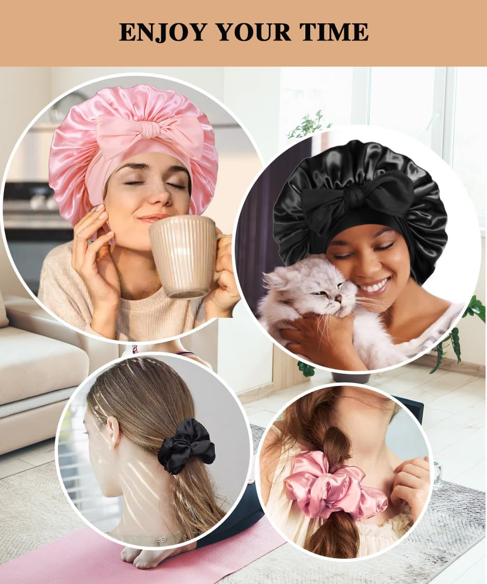 2+3 Large Satin Bonnets with Scrunchies for Women, Hair Bonnet Sleeping Tie Bonnet for Braids Curly Hair