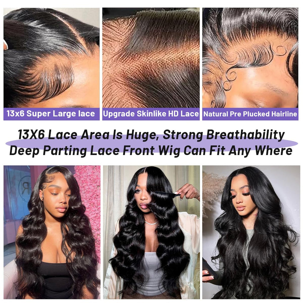Body Wave Human Hair Wig 30 Inch 13X6 HD Lace Front Wigs Human Hair Pre Plucked Pre Bleached Frontal Wigs Black Glueless Wigs Human Hair for Women 210% Density