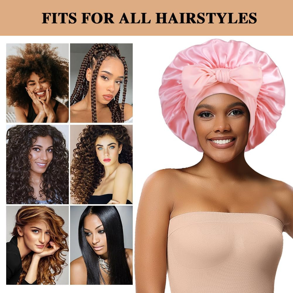 2+3 Large Satin Bonnets with Scrunchies for Women, Hair Bonnet Sleeping Tie Bonnet for Braids Curly Hair