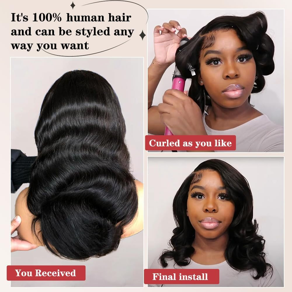 Bob Wig Human Hair 13X6 Lace Front Wigs 12 Inch Loose Body Wave HD Lace Frontal Wigs Glueless Wigs Human Hair Pre Plucked Wear and Go Short Bob Wigs for Black Women Natural Black Color