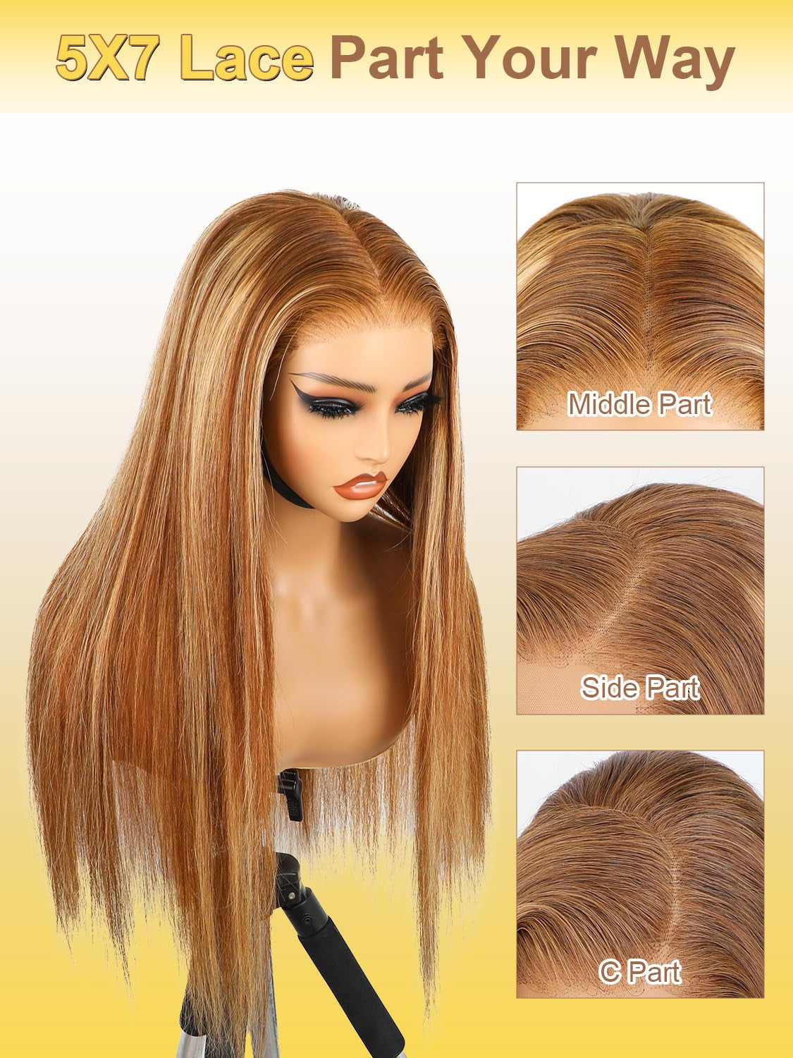 OQ Hair Glueless Wigs Human Hair Pre Plucked Pre Cut Highlight Straight 4/27 Lace Front Wigs for Women Honey Blonde 5X7 Wear and Go Glueless Wigs Human Hair 28Inch