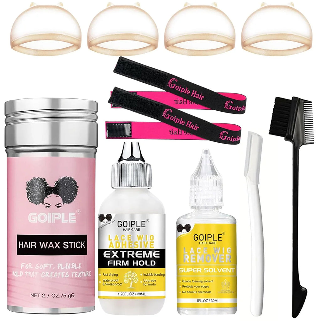 Lace Wig Install Kit with Melting Spray Lace Glue Remover Edge Control Wig Caps & Styling Tools for Beginners & Salon Use
