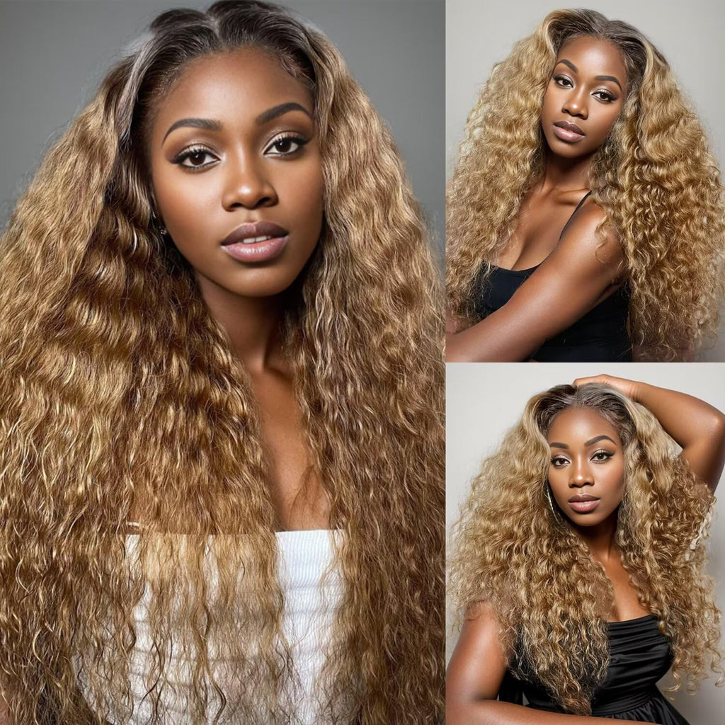 Deep Wave Human Hair Bundles Ombre Honey Blonde Bundles Human Hair 28 Inch T1B/27 Curly Bundles 10A Brazilian Virgin Wet and Wavy Human Hair Bundles Brown Water Wave Bundles 2 Tone Black to Blonde
