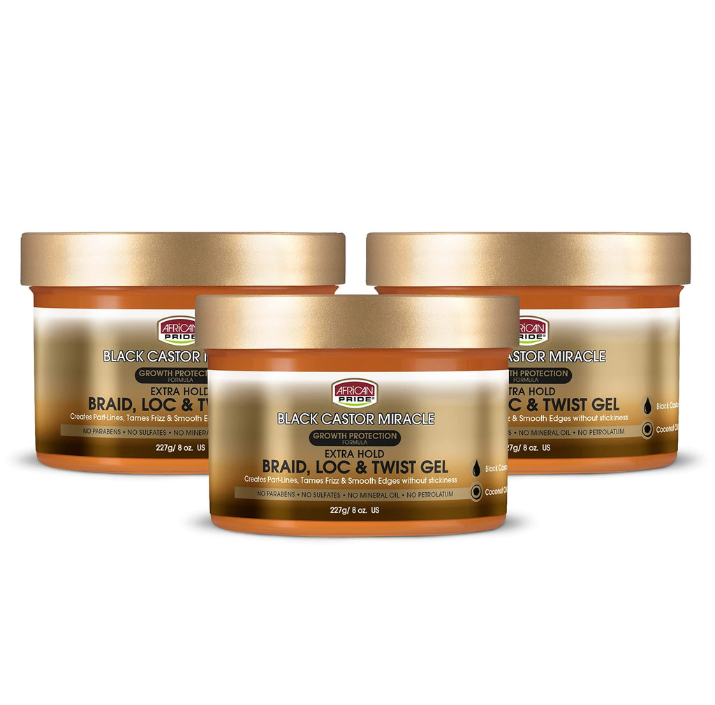 African Pride Black Castor Miracle Extra Hold Hair Gel 3 Pack 8 Ounce