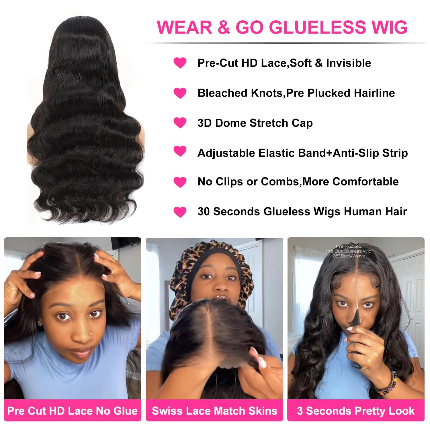 28 Inch Wear and Go Glueless Wigs Human Hair Pre Plukced Pre Cut 5X5 Hd Lace Closure Wigs Human Hair for Women 180% Density Ready to Wear Glueless Body Wave Lace Front Wigs No Glue Wigs