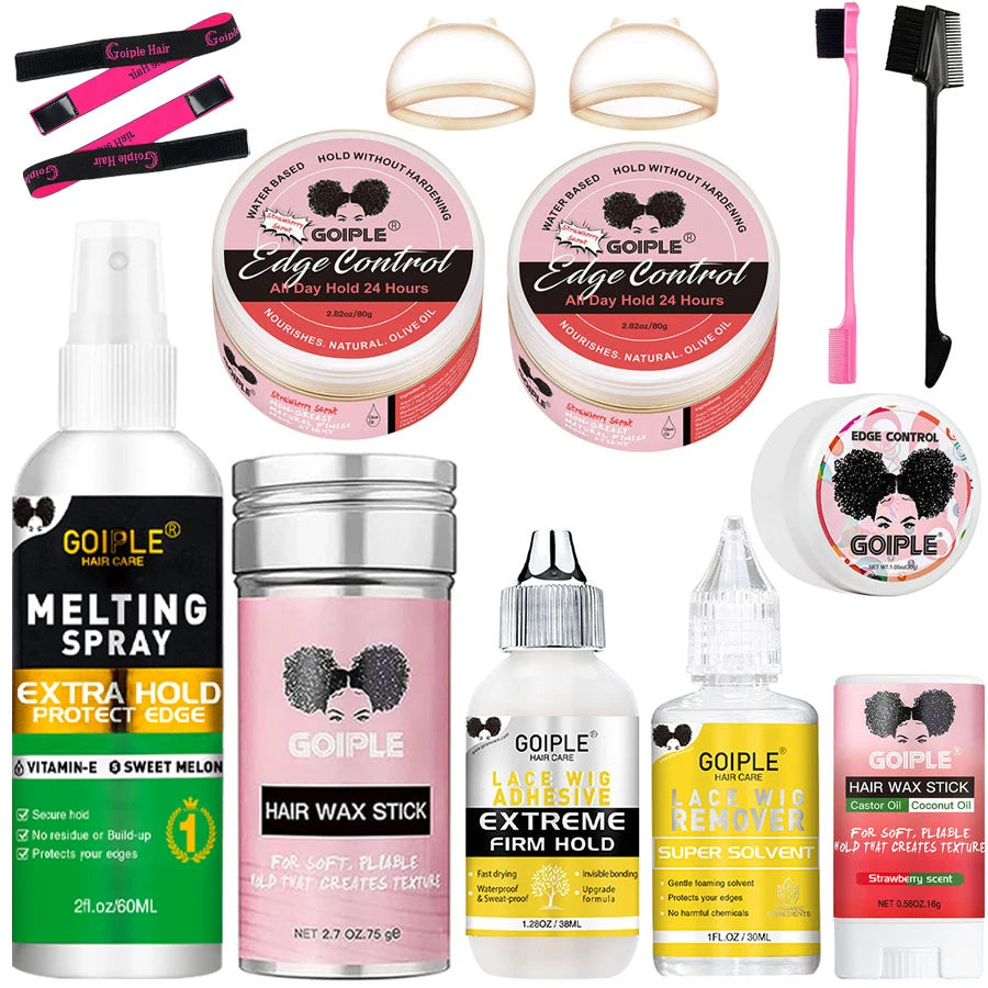 Lace Wig Install Kit with Melting Spray Lace Glue Remover Edge Control Wig Caps & Styling Tools for Beginners & Salon Use